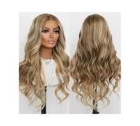 Perruques de cheveux 24 Inches Waves Money Piece Lace Frontal Wig Ash Brown with Light Blonde Highlights Natural Hair Synthetic Fibre(26inches)