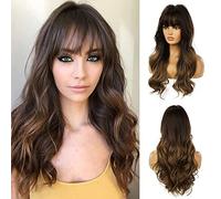 Perruques de cheveux bouclés de 61 cm de long pour femme - Marron naturel synthétique résistant à la chaleur - Avec frange - Pour un usage quotidien