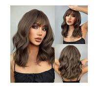 Perruques de cheveux Brun foncé court ondulé Cosplay perruques avec frange moyen Lolita naturel Bob perruque synthétique for les femmes Afro quotidien résistant à la chaleur cheveux