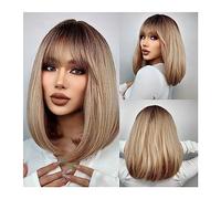 Perruques de cheveux humains 15.7 pouces perruques Bob droites courtes avec Bang cheveux synthétiques naturels brun doré for les femmes Cosplay quotidien perruques en fibres résistantes à la chaleur P
