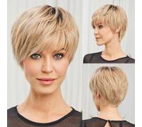 Perruques de cheveux humains blonds ombrés courts pour femmes perruque afro avec frange coupe Pixie perruques de cheveux humains en couches pour femmes-6 pouces-WIG001-4