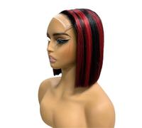Perruques de cheveux humains Bob à reflets de 8 pouces, perruque avant en dentelle droite for femmes, densité 200(Black with red,2x6)