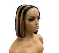 Perruques de cheveux humains Bob à reflets de 8 pouces, perruque avant en dentelle droite for femmes, densité 200(Black with dark blonde,4x4)