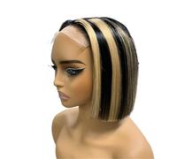 Perruques de cheveux humains Bob à reflets de 8 pouces, perruque avant en dentelle droite for femmes, densité 200(Black with 30,5x5)