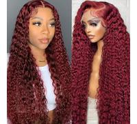Perruques de cheveux humains bordeaux de 61 cm avec dentelle frontale pour femme noire 99J - Perruque ondulée sans colle - Cheveux humains bouclés et ondulés - 33 x 10 cm - Densité de 180 %