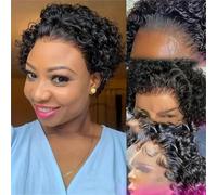 Perruques de cheveux humains coupe courte pour femmes, perruques bouclées de couleur noire, cheveux humains sans colle, perruques blondes ondulées bouclées - 6 pouces - 130% - noir