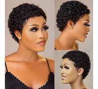 Perruques de cheveux humains courts pour femmes noires - Perruque bouclée avec frange - Perruque brésilienne vierge - Noir naturel - Sans dentelle frontale - Pour un usage quotidien