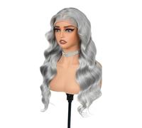 Perruques de cheveux humains ondulés gris argenté for femmes, perruque frontale en dentelle transparente HD 13x4 sans colle, densité 200(24 inch)
