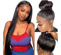 Perruques de cheveux humains raides sans colle HD transparents avec dentelle frontale de 50,8 cm - Cheveux humains pré-épilés avec cheveux de bébé - Noir naturel - Densité 180