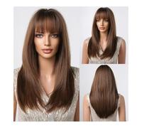 Perruques de cheveux Long Brown Layered Synthetic Wigs With Bangs Caramel Straight Wig Mixed Blonde Highlights Heat Resistant Fibre(Bruin)