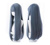 Perruques de cheveux longs et raides for femmes, perruque synthétique lisse de couleur grise et bleue naturelle avec frange, perruque haute température for fête de cosplay d'Halloween Daily Use