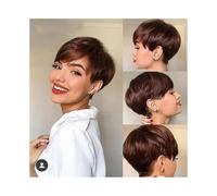 Perruques de cheveux Perruque courte brune, perruques de cheveux humains brun chocolat, courtes coupe Pixie avec frange(Bruin)
