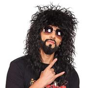 Perruques des années 80 pour hommes, perruque masculine en fibre synthétique de 20 pouces de long, perruque mulet à bascule amusante, bouclée noire pour costume d'Halloween, fête cosplay masculine