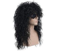 Perruques d'Halloween pour hommes, perruque à bascule en métal lourd des années 80, cheveux longs noirs bouclés, perruque de costume de cosplay d'Halloween pour hommes