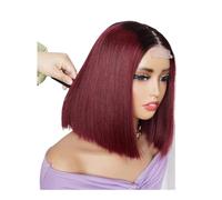 Perruques en cheveux humains sans colle avec dentelle frontale 2 x 4, densité 300, coupe courte et lisse, for femmes(Wine red,8inch)