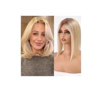 Perruques en cheveux naturels avec frange, 11,4 x 12,7 cm, en dentelle suisse, lisses, for femmes, couvrant la perte de cheveux ou les zones grises (35,6 cm)(Ombre blonde)