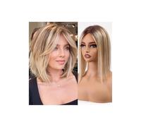 Perruques en cheveux naturels avec frange, 11,4 x 12,7 cm, en dentelle suisse, lisses, for femmes, couvrant la perte de cheveux ou les zones grises (35,6 cm)(Ombre Blonde Mix Brown)