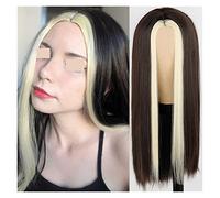 Perruques en dentelle ondulée - Perruque synthétique longue et droite - Bleu clair - Pour femme - Mélange noir et blond - Partie centrale - Cheveux naturels - Perruques synthétiques naturelles (13*)