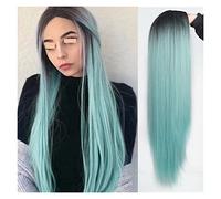 Perruques en dentelle ondulée - Perruque synthétique longue et droite - Perruque bleu clair pour femme - Mélange noir et blond - Partie centrale - Cheveux naturels - Perruques synthétiques naturelles