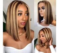 Perruques Femme Perruque courte ombrée 13x4, cheveux humains lisses, blond miel 4/27, avec dentelle frontale Costume Daily Party Hairpiece pour femmes filles(10inches)