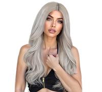 Perruques gris argenté pour femme - Cheveux synthétiques longs et ondulés avec dentelle frontale - Cheveux naturels - Résistants à la chaleur - Pour cosplay quotidien - 61 cm