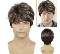 Perruques homme Perruque de Cosplay synthétique naturelle résistante à la chaleur for homme, perruque courte bou noire mélangée cheveux gris for, cadeau for père(Blonde Mix Brown)