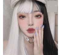 Perruques Lolita 33 cm / 60 cm avec frange noir et blanc mélangés longs cheveux raides Costume fête Cosplay perruques pour femmes 33 cm