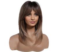 Perruques longues brunes pour femmes, cheveux synthétiques superposés avec frange, brun ombré à blond avec racines foncées