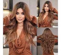 Perruques Longues OnduléEs Brunes OmbréEs Pour Femmes,Perruques SynthéTiques RéSistantes à La Chaleur Pour Une Utilisation Quotidienne,Des FêTes,Des Vacances,Des Rencontres(Brown,70cm)