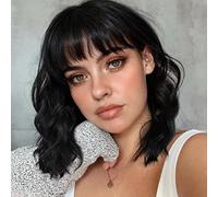 Perruques longues ondulées noires pour femme, perruque de cheveux synthétiques avec frange d'air, pour un usage quotidien et une fête
