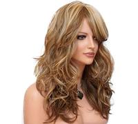 Perruques longues ondulées pour femme - Résistante à la chaleur - Perruque synthétique avec frange latérale - Racines brunes douces - Blond cendré ombré - Perruque synthétique sans colle avec raie au