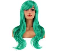 Perruques longues ondulées vertes pour femme avec frange - Perruques synthétiques ondulées colorées résistantes à la chaleur pour cosplay quotidien - Bonnet de perruque inclus