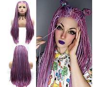Perruques micro tressées violettes pour femme noire faite à la main sans nœuds - Perruque longue avec mèches lilas réalistes - Perruque tressée avec dentelle frontale - Sans colle - Cheveux