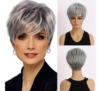 Perruques naturelles courtes avec frange, cheveux de maman doux, usage quotidien, cheveux synthétiques courts bouclés gris ombré, perruque de fête costumée pour femmes-WIG-332-10 pouces-1 pièce