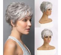 Perruques naturelles courtes avec frange, cheveux de maman doux, usage quotidien, cheveux synthétiques courts bouclés gris ombré, perruque de fête costumée pour femmes-WIG-175-10 pouces-1 PC