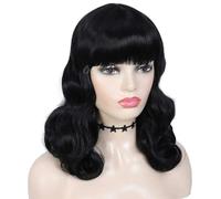 Perruques noires mi-longues vintage années 50 avec frange, cheveux synthétiques ondulés naturels for femmes, cosplay, Halloween Effet naturel et Volumineux