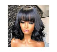 Perruques ondulées naturelles avec frange, coupe au carré noire ondulée for femmes noires, cheveux humains brésiliens vierges, sans colle, bouclés, densité 180(12inch)