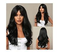 Perruques ondulées Perruque longue noire avec frange, perruques synthétiques ondulées for femme, perruque en fibre résistante à la chaleur de 71,1 cm de long avec frange for cosplay quotidien. Perruqu