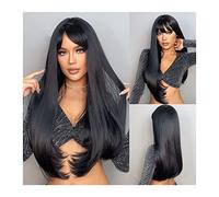 Perruques ondulées Perruque synthétique longue et droite avec frange, perruques de cheveux gris noir foncé for femmes perruques en couches de fibres douces et confortables résistantes à la chaleur for