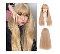 Perruques Perruque blonde avec frange for femme fille 61 cm de long perruque blonde droite perruque synthétique résistante à la chaleur naturelle for cosplay et usage quotidien Perruque