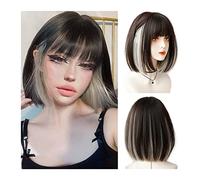 Perruques Perruque Bob Courte avec Frange, Perruque Bob Droite Brune Cheveux Blonds, Perruque Naturelle en Fibre Synthétique Résistante à la Chaleur for Cosplay Quotidien Perruque