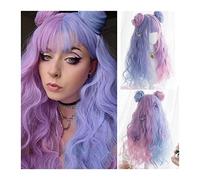 Perruques Perruque bouclée longue vague avec frange et petit chignon, violet mélangé bleu rose perruque bouclée Lolita Cosplay Party perruques synthétiques for femmes filles Perruque dames