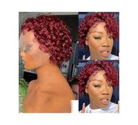 Perruques Perruque de cheveux humains indiens Remy, coupe courte, coupe au carré, 13x1, avec dentelle frontale Perruque dames(Burgundy)