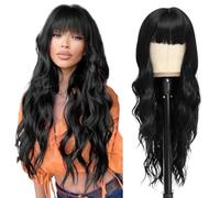 Perruques Perruque de cheveux longs bouclés avec frange for femme, grosses vagues, naturelle et élégante Perruque dames(Noir)