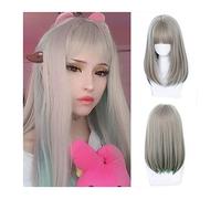 Perruques Perruque de cheveux longs et raides avec frange Perruque synthétique verte mélangée marron clair, perruque en fibre haute température verte naturelle for cosplay quotidien Perruque