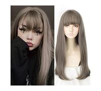 Perruques Perruque de cheveux longs raides synthétiques gris lin Cosplay perruques quotidiennes avec frange d'air 23 pouces perruque de fête résistante à la chaleur d'aspect naturel Perruque dames