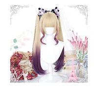 Perruques Perruque de cheveux raides synthétiques avec frange et double queue de cheval, perruque de cosplay Lolita violet dégradé blond, perruque de costume de fête respirante et résistante à la chal