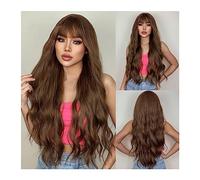 Perruques Perruque de cheveux synthétiques longs ondulés brun cuivré avec frange for les femmes noires Vague de corps brun foncé Cosplay Cheveux naturels résistants à la chaleur Perruque