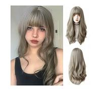 Perruques Perruque longue grise avec frange, perruques longues ondulées bouclées for femme synthétique d'apparence naturelle Lolita Cosplay perruque résistante à la chaleur for costume quotidien Hallo