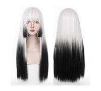 Perruques Perruque noire dégradée blanche avec une frange soignée, perruque droite de 68 cm de long avec une frange, perruque d'Halloween for costume de cosplay de fête synthétique naturelle Perruque